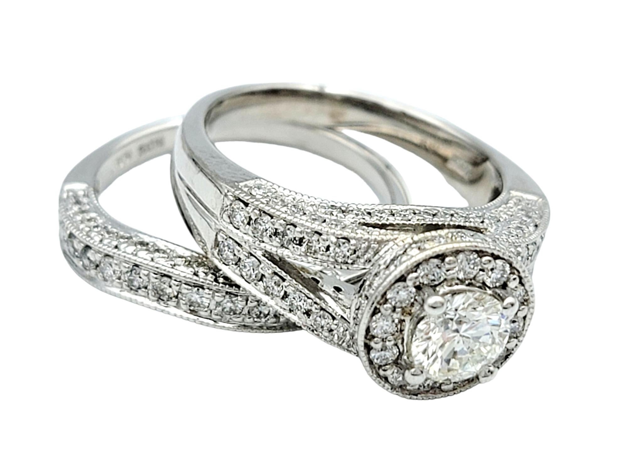 Contemporary Pavé Diamond Halo Style Wedding Ring Set with Milgrain in 14 Karat White Gold For Sale