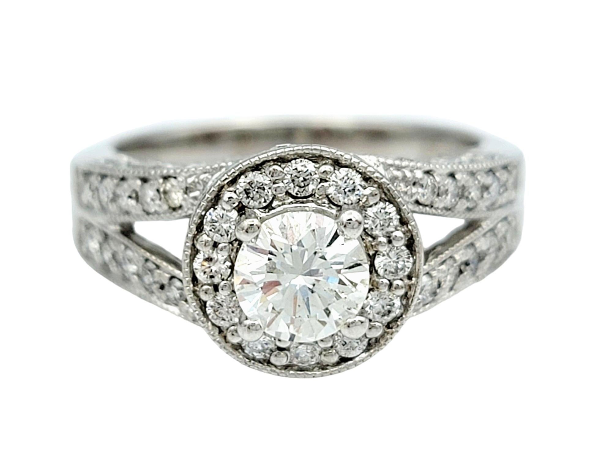 Round Cut Pavé Diamond Halo Style Wedding Ring Set with Milgrain in 14 Karat White Gold For Sale