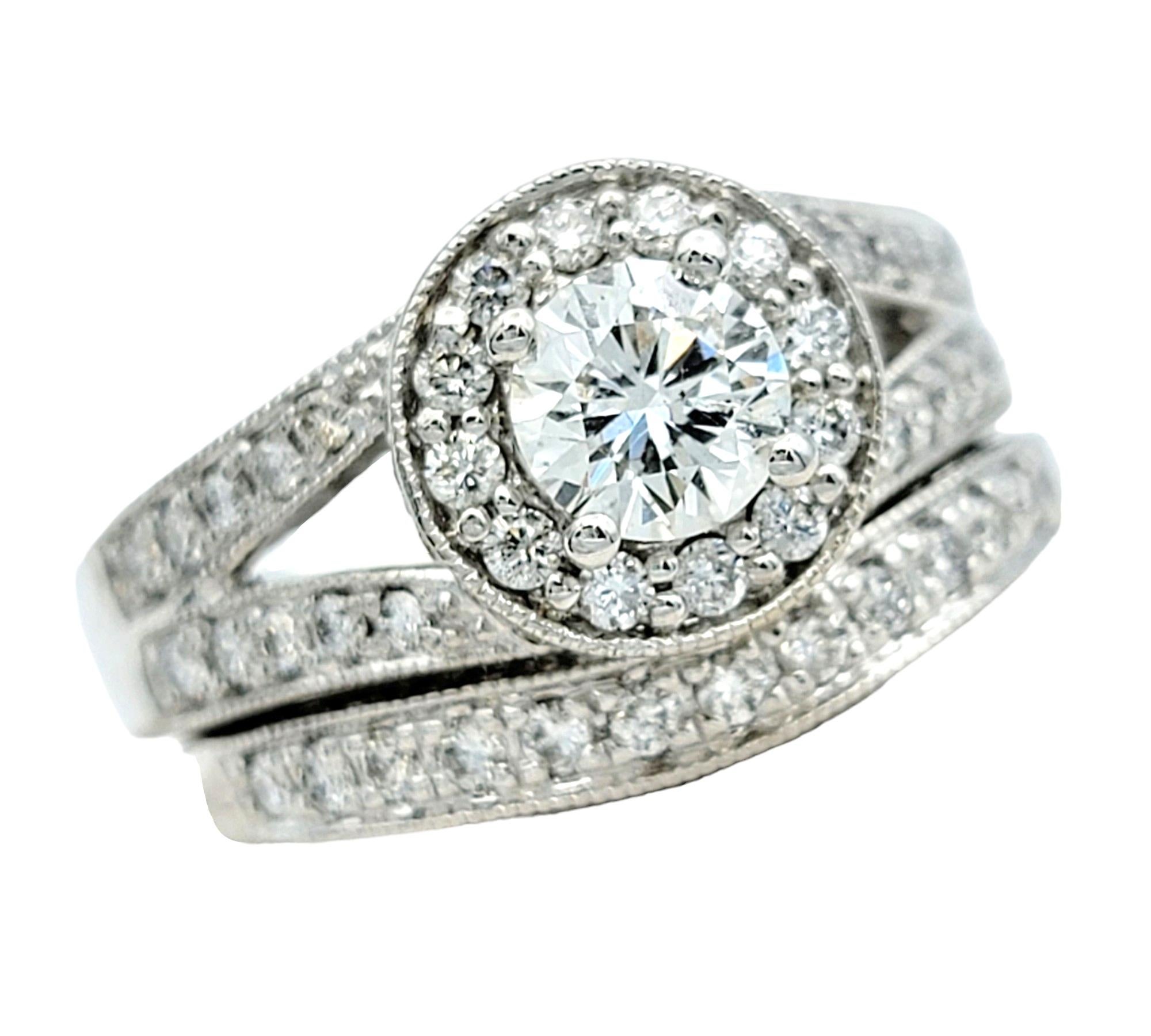 Women's Pavé Diamond Halo Style Wedding Ring Set with Milgrain in 14 Karat White Gold For Sale