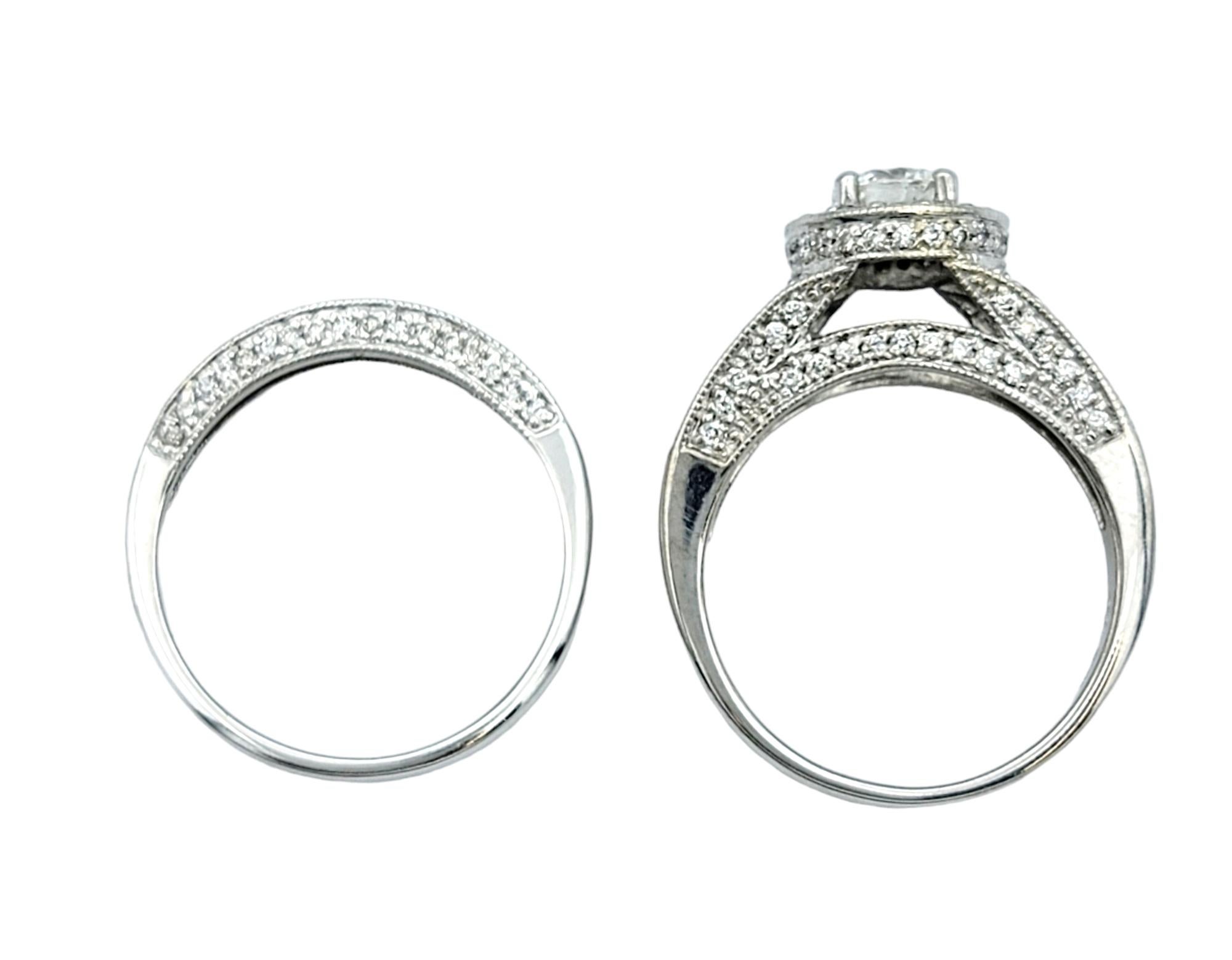 Pavé Diamond Halo Style Wedding Ring Set with Milgrain in 14 Karat White Gold For Sale 1