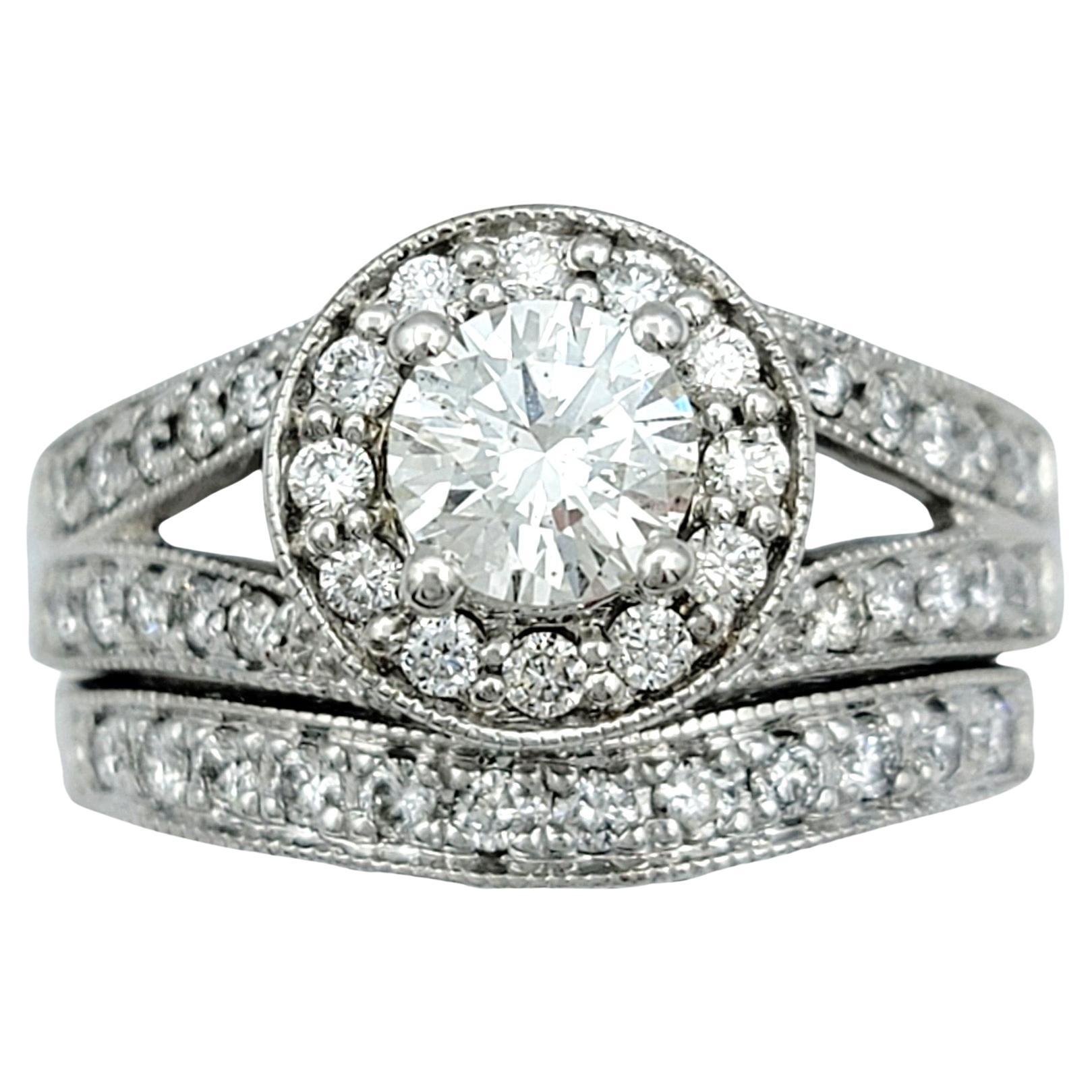 Pavé Diamond Halo Style Wedding Ring Set with Milgrain in 14 Karat White Gold For Sale