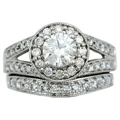 Used Pavé Diamond Halo Style Wedding Ring Set with Milgrain in 14 Karat White Gold