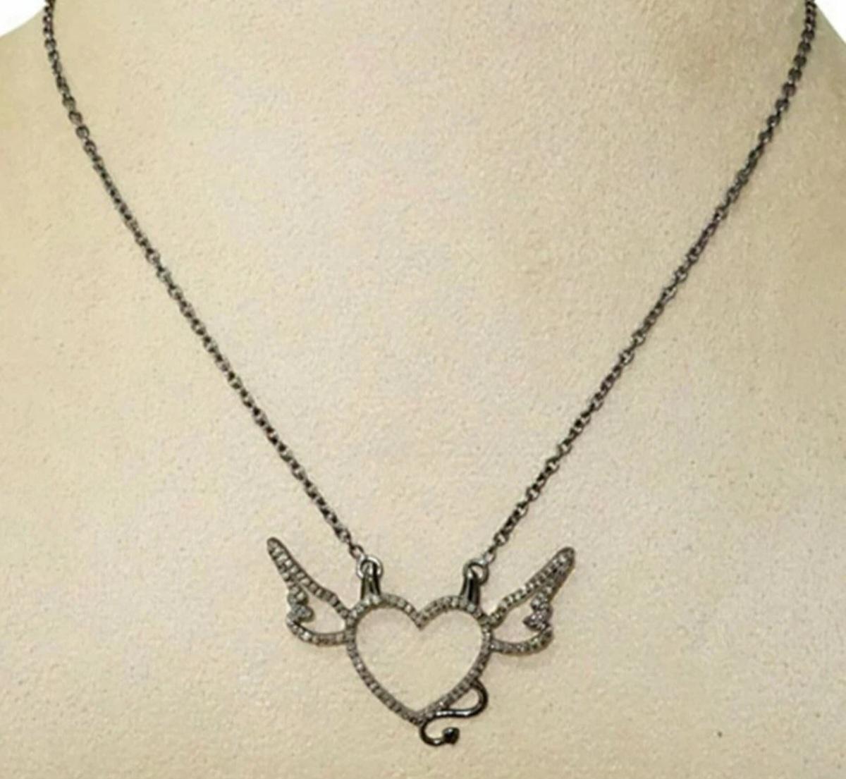 Round Cut Pave Diamond Handmade Love Heart Pendant Chain Necklace 925 Silver Jewelry Gift. For Sale