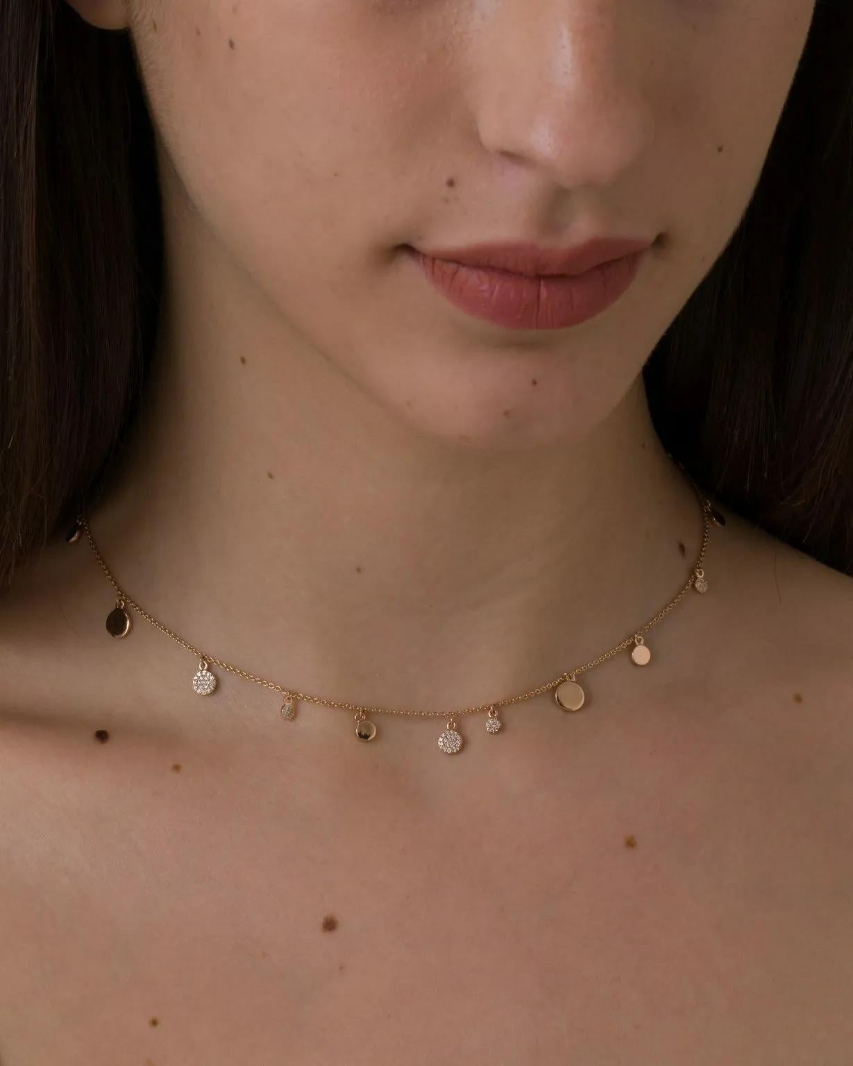 Round Cut Pave Diamond Hanging Disc 14K Gold Necklace Modern For Sale