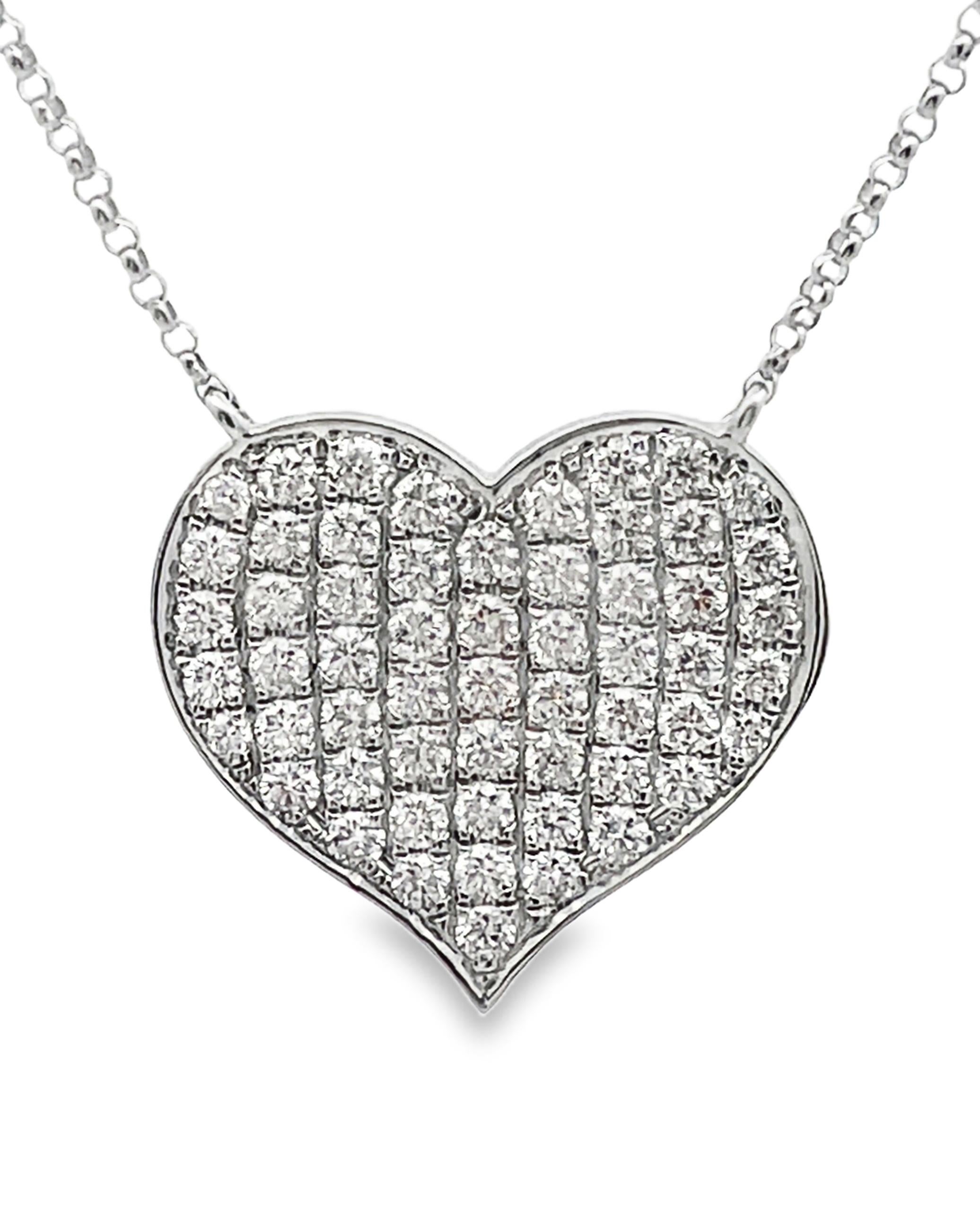 Round Cut Pave Diamond Heart Necklace in 18K White Gold on Adjustable Chain For Sale
