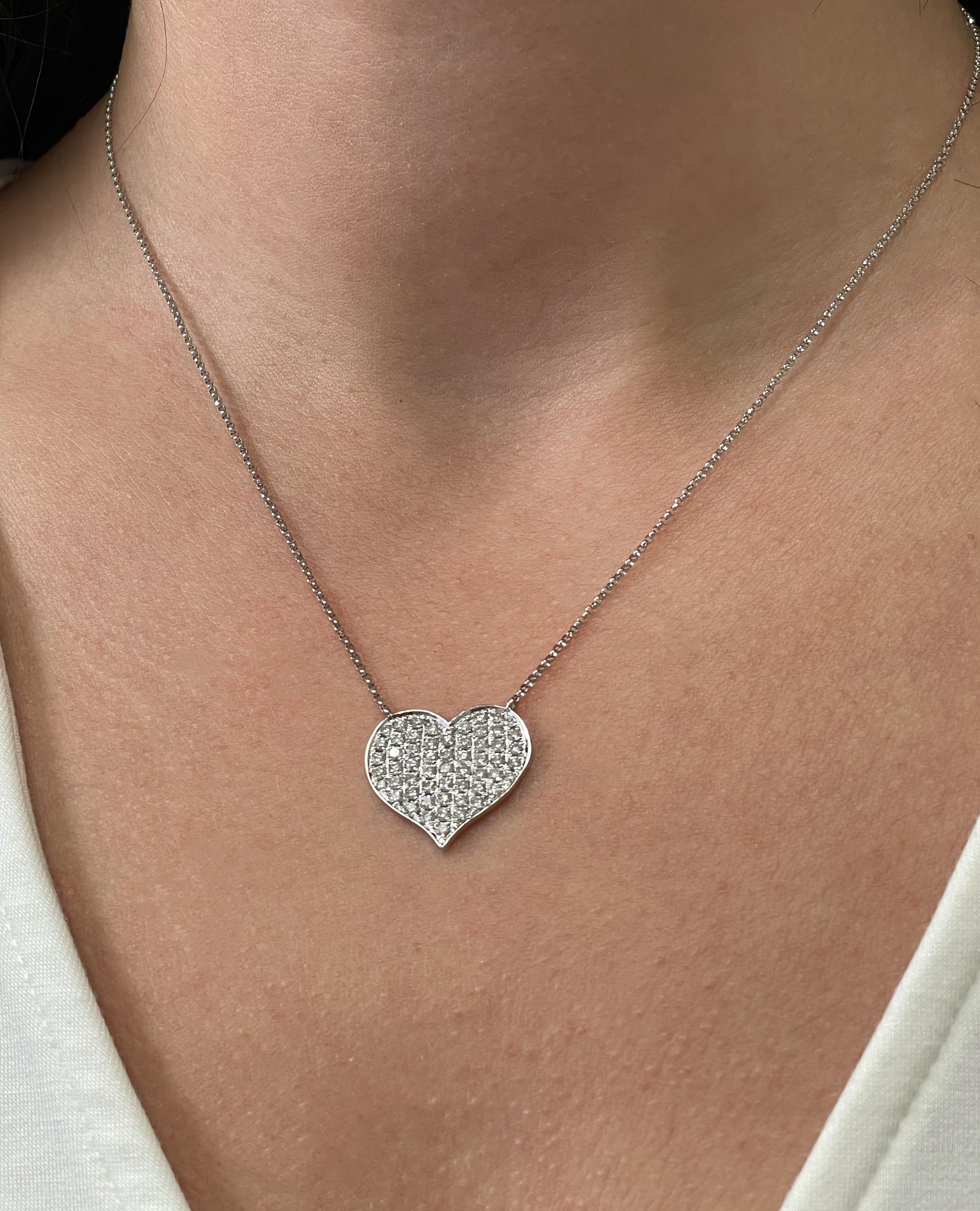 Pave Diamond Heart Necklace in 18K White Gold on Adjustable Chain For Sale 1