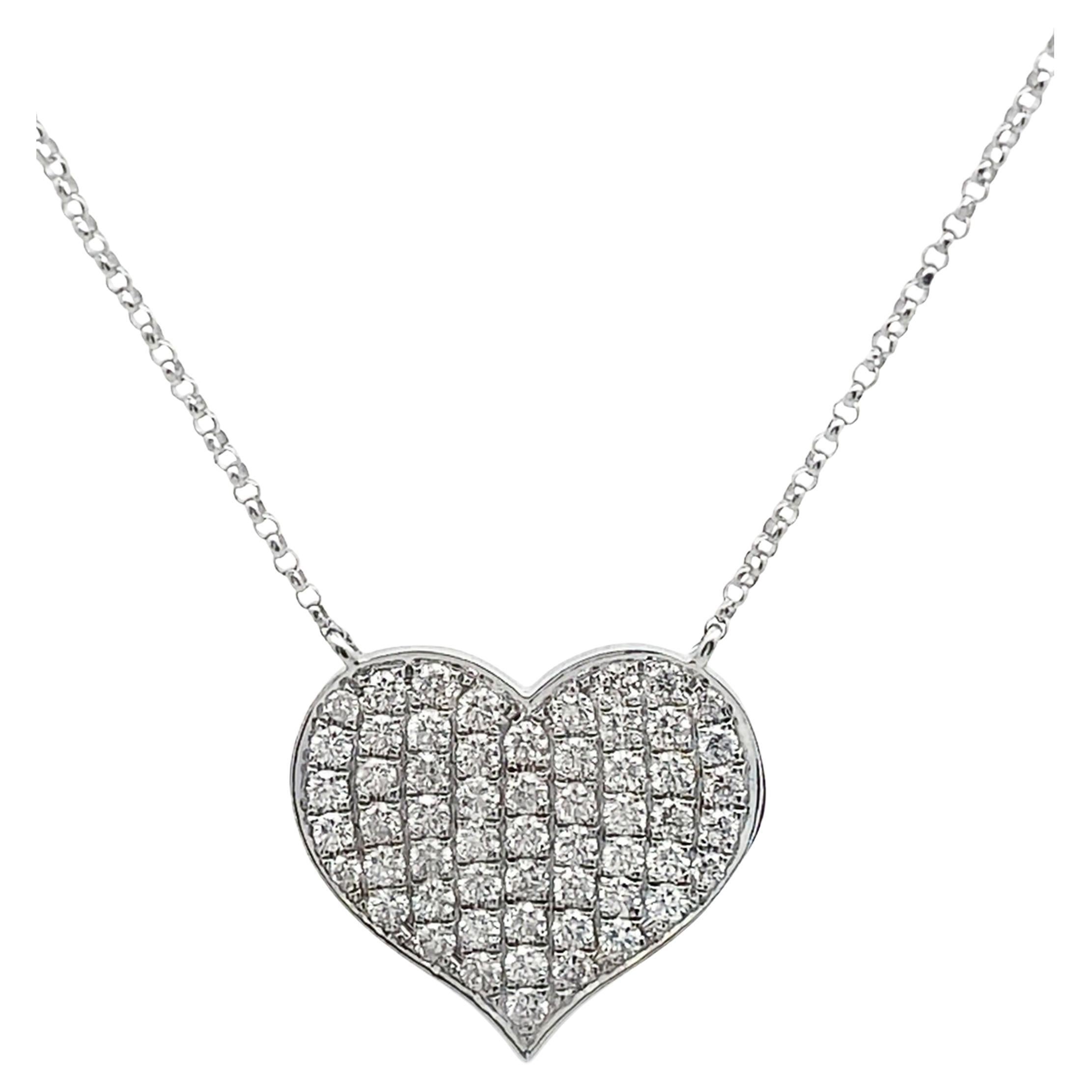 Pave Diamond Heart Necklace in 18K White Gold on Adjustable Chain