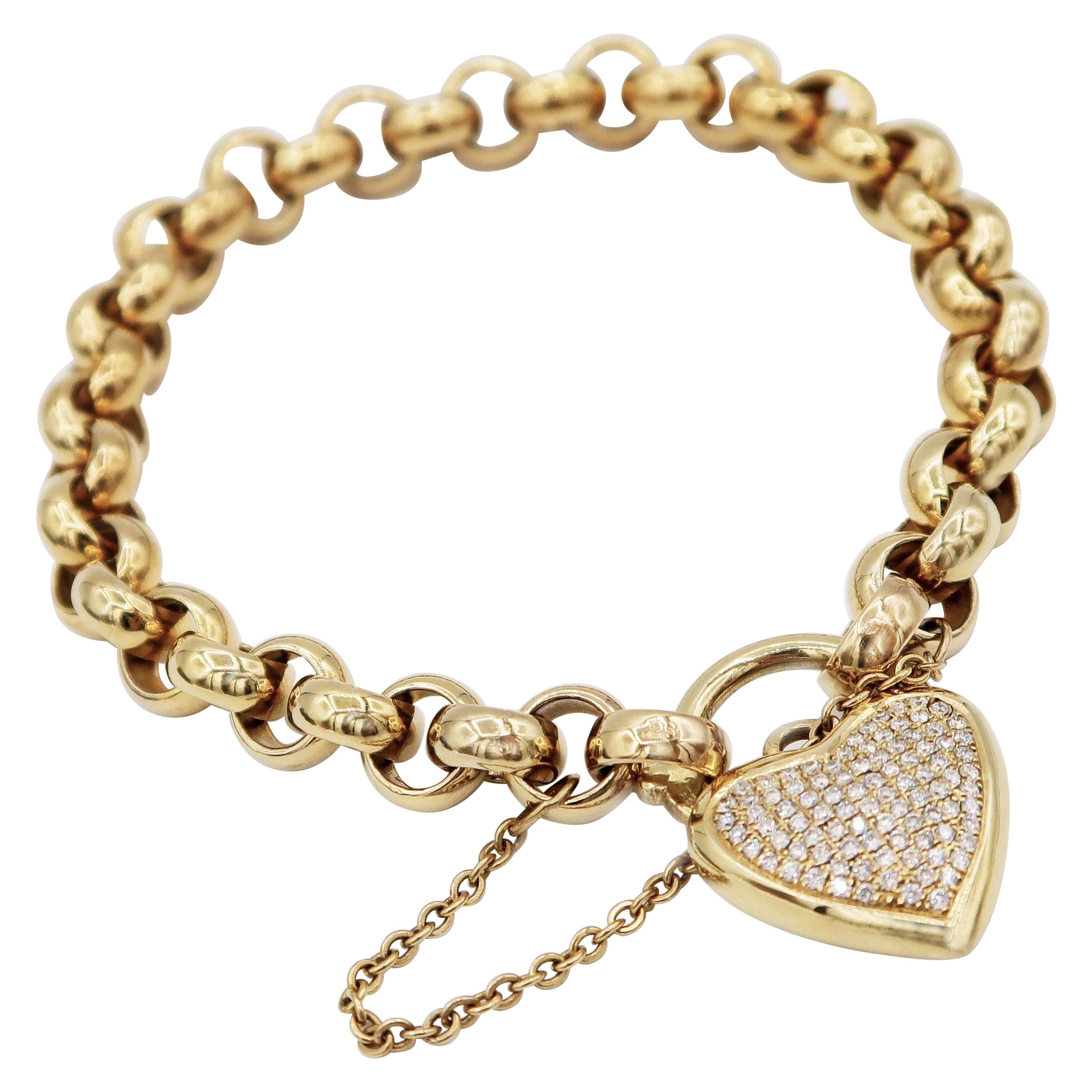 Pavé Diamond Heart Padlock Chain Yellow Gold Bracelet For Sale
