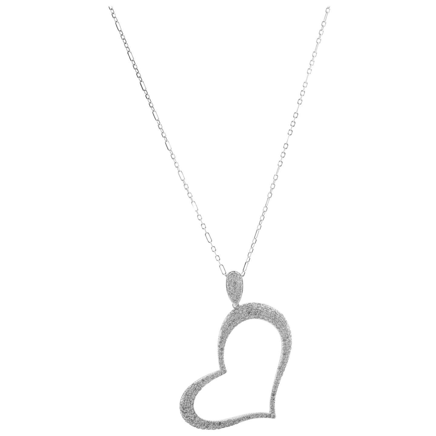 Pave Diamond Heart Pendant 18 Karat White Gold Necklace For Sale