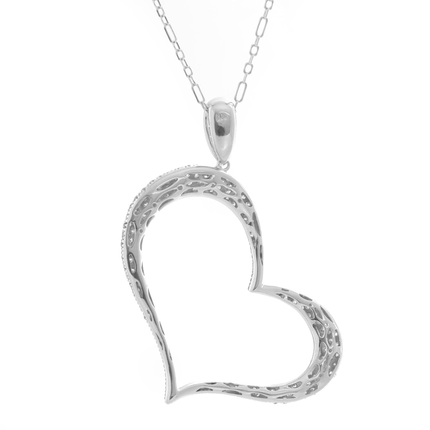 Women's Pave Diamond Heart Pendant 18 Karat White Gold Necklace For Sale