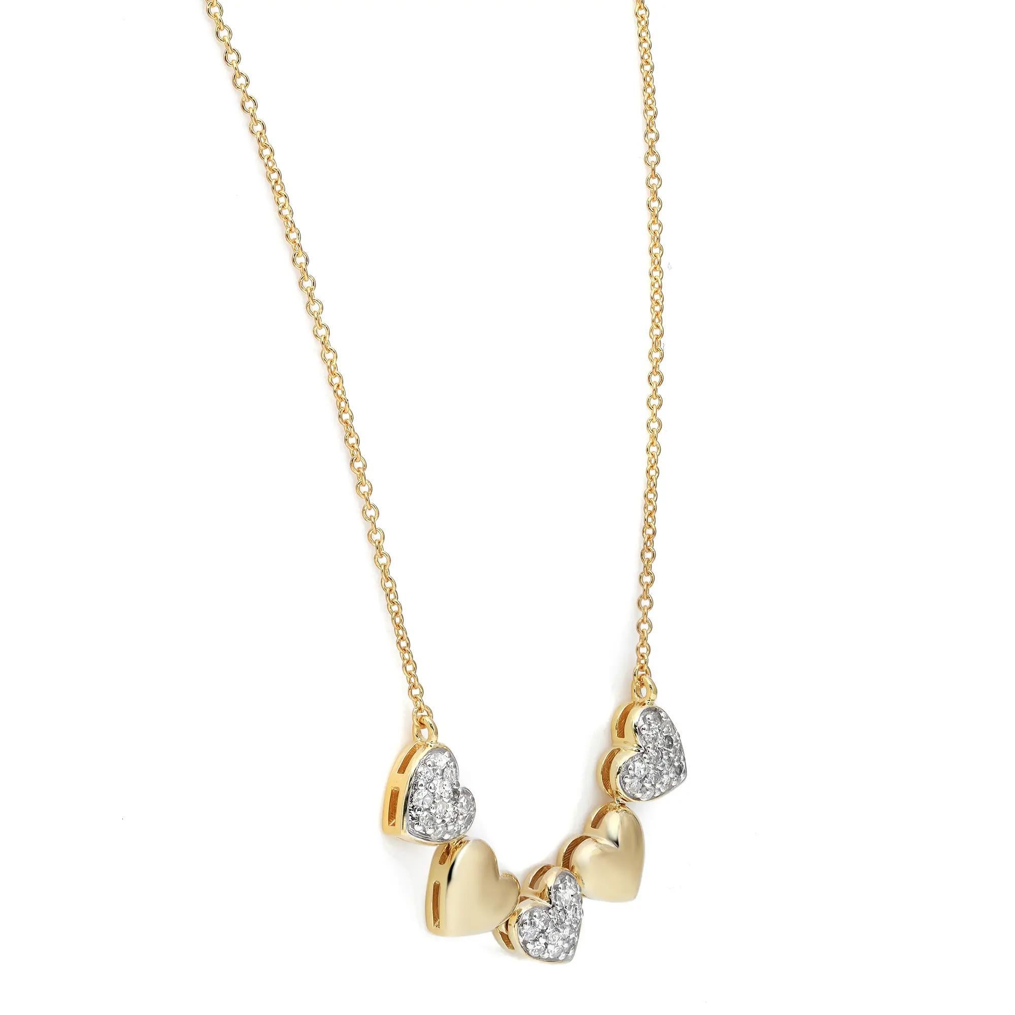 Adorn the stunning statement look with this beautiful heart shape pendant necklace. Crafted in 14K yellow gold. It features five alternate pave set round cut diamond studded heart shape shanks attached together. Easy to wear feminine and flirty.