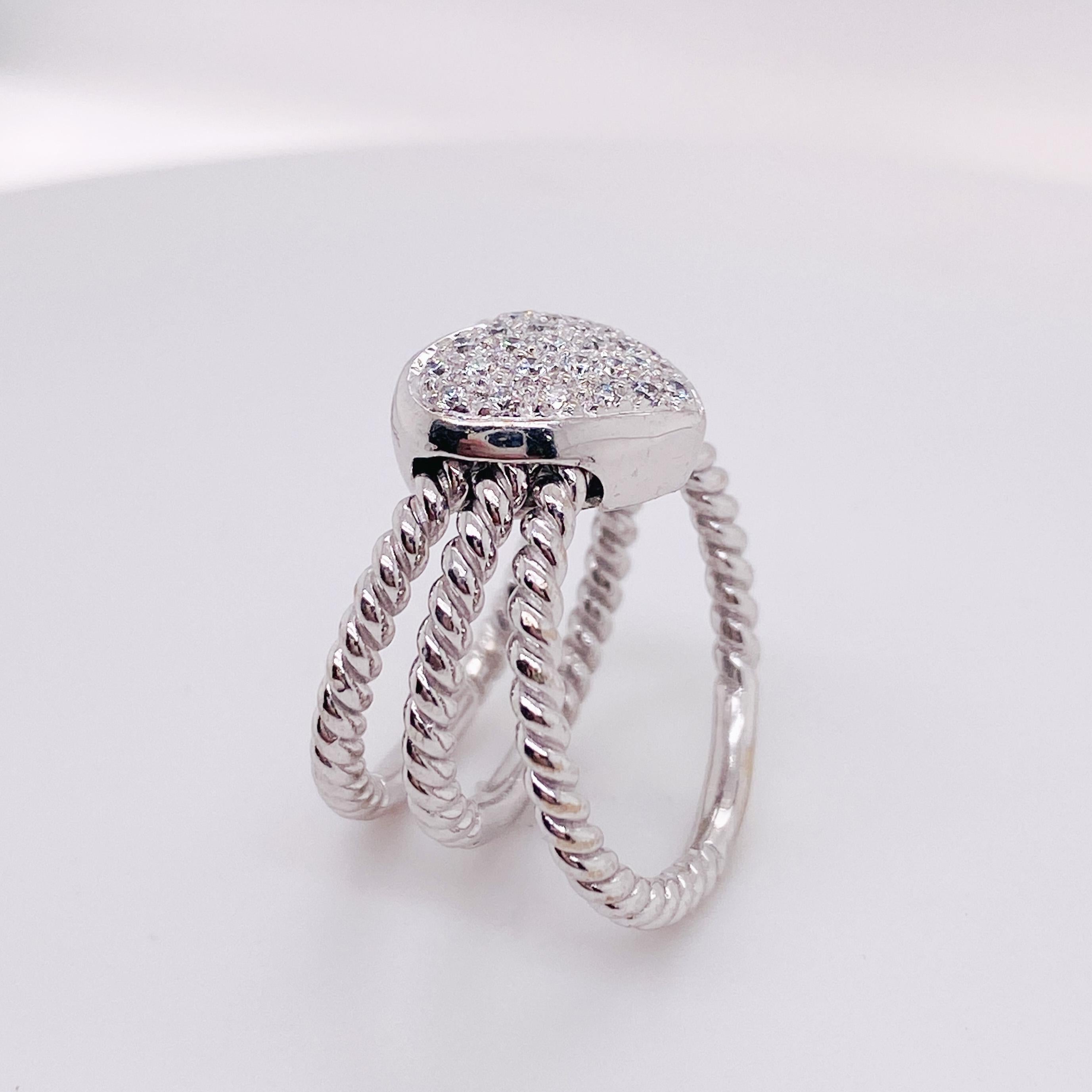 Modern Pave Diamond Heart Ring in 18k White Gold 0.50 Carat Twisted Band Spinner Ring