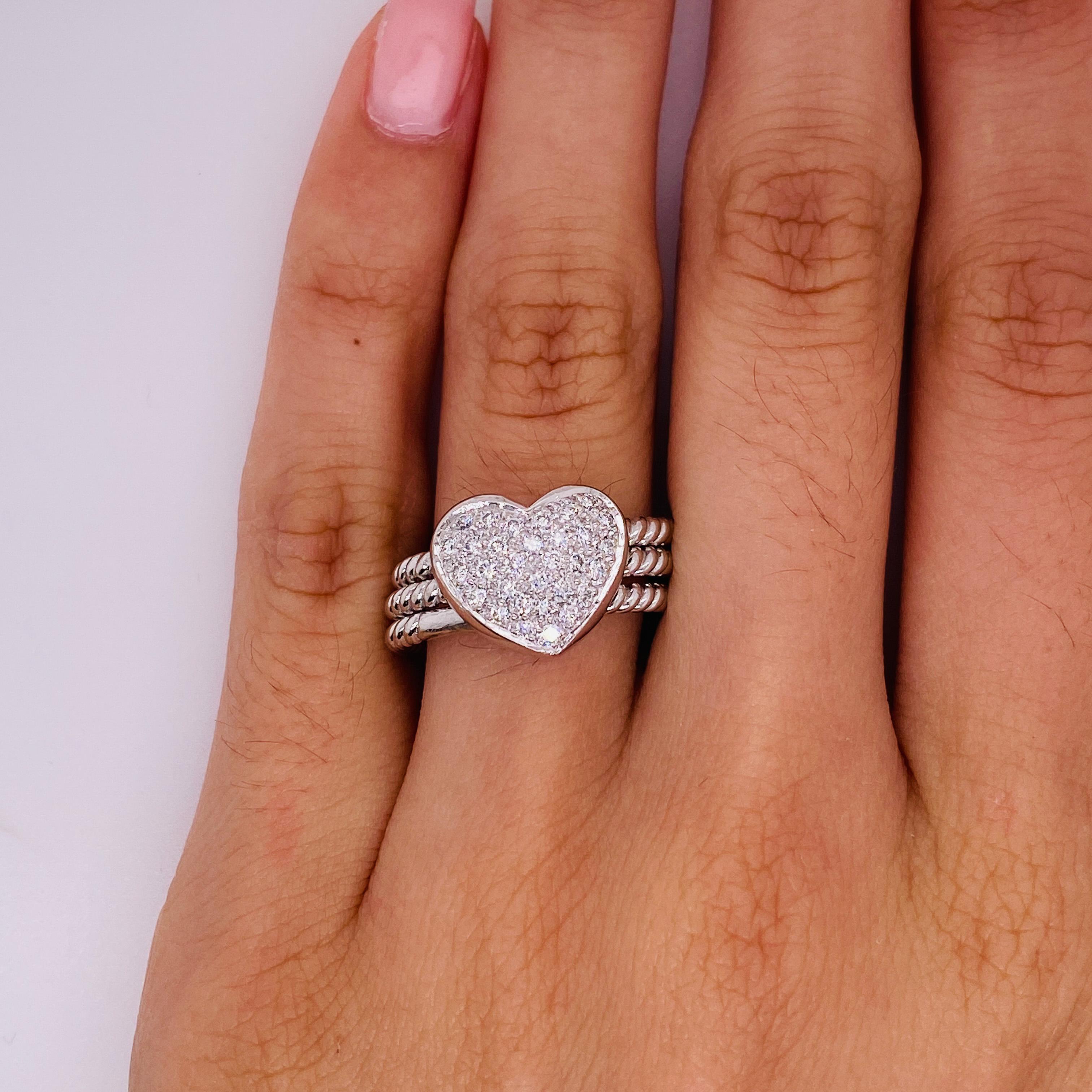 Round Cut Pave Diamond Heart Ring in 18k White Gold 0.50 Carat Twisted Band Spinner Ring