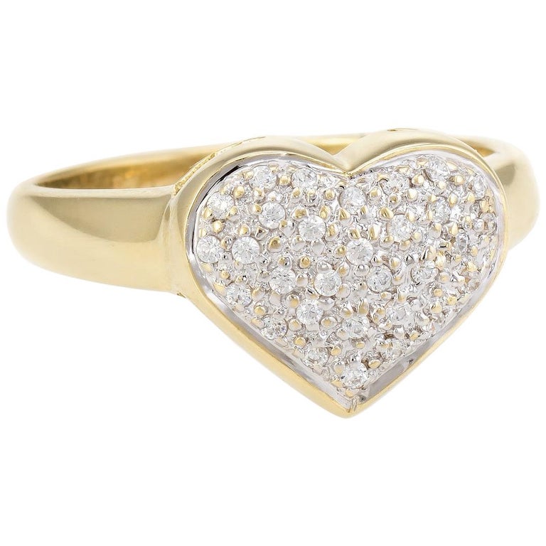 Pave Diamond Heart Ring Vintage 14 Karat Yellow Gold Estate Fine ...
