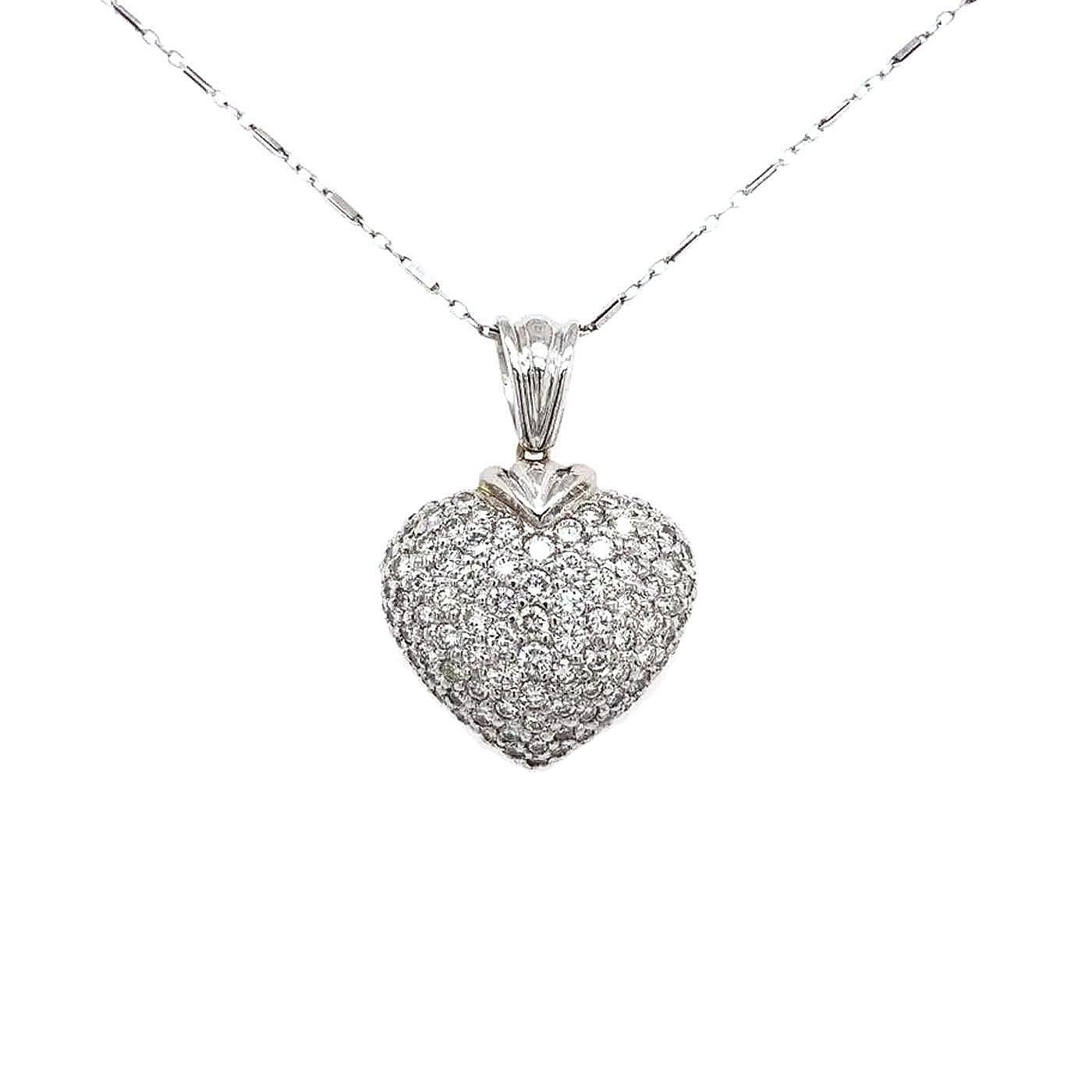 Modernist  Heart Pendant Necklace 18 Karat White Gold Pave Diamond For Sale