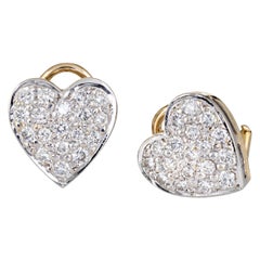 Pave Diamond Heart Stud Earrings 14 Karat Gold Vintage Fine Estate Jewelry