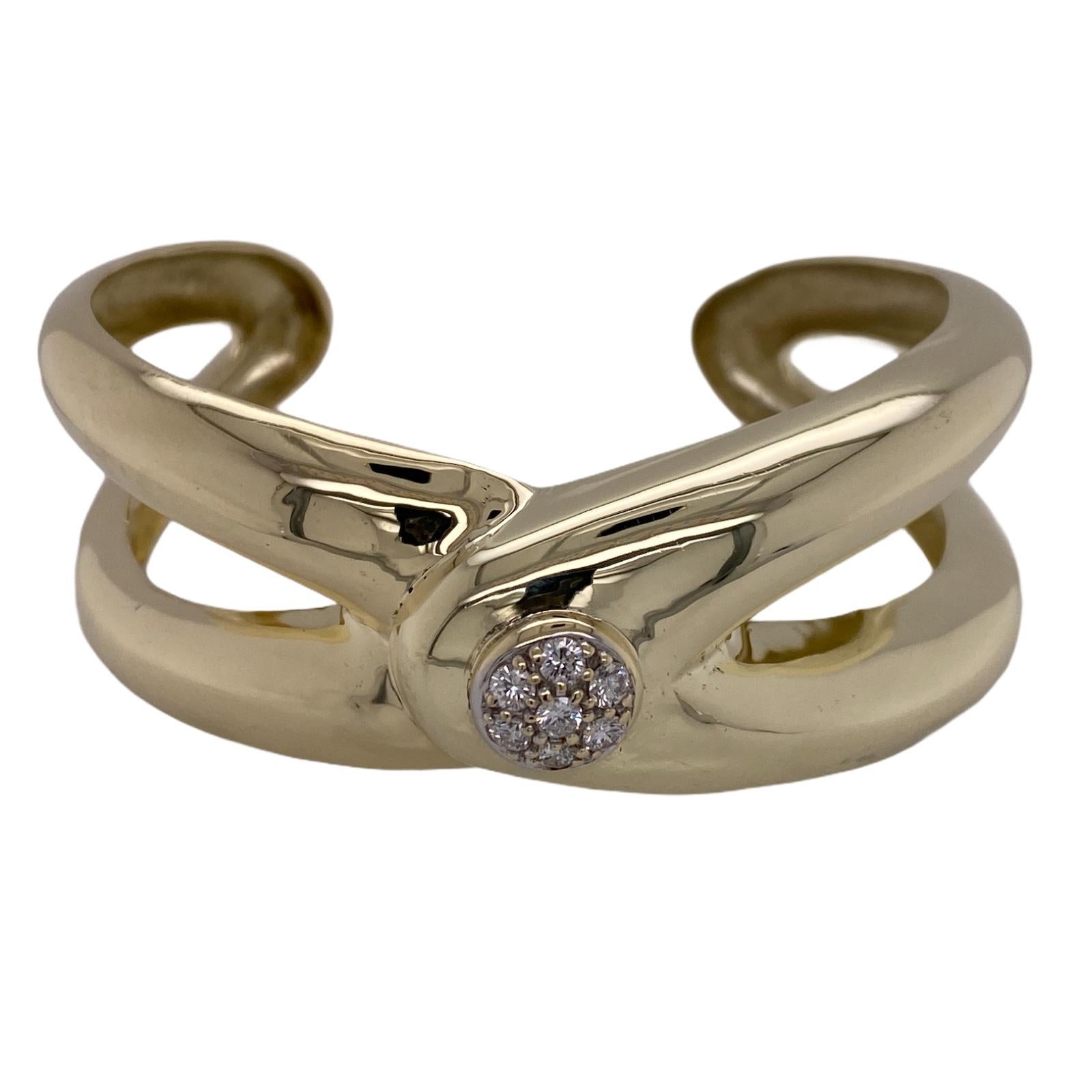 Round Cut Pave Diamond High Polish 18 Karat Yellow Gold X-Cuff Bangle Bracelet