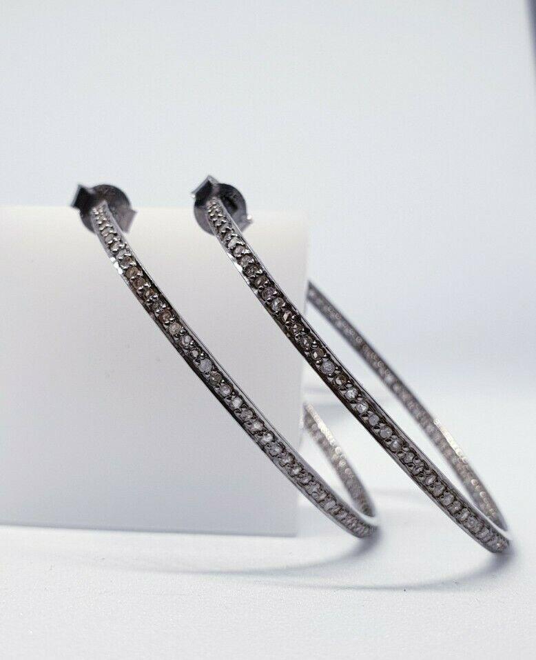 Uncut Pave Diamond Hoop Earrings 925 Silver Diamond Earring For Anniversary Gift. For Sale