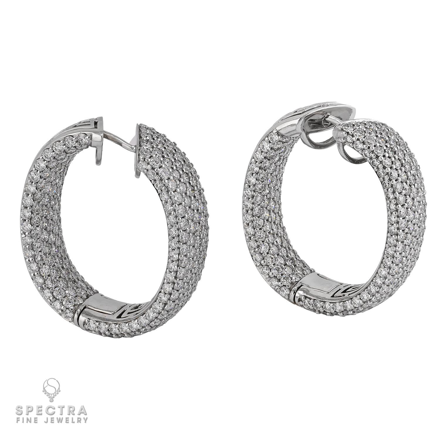 Brilliant Cut Pave Diamond Hoop Earrings in 18K White Gold For Sale
