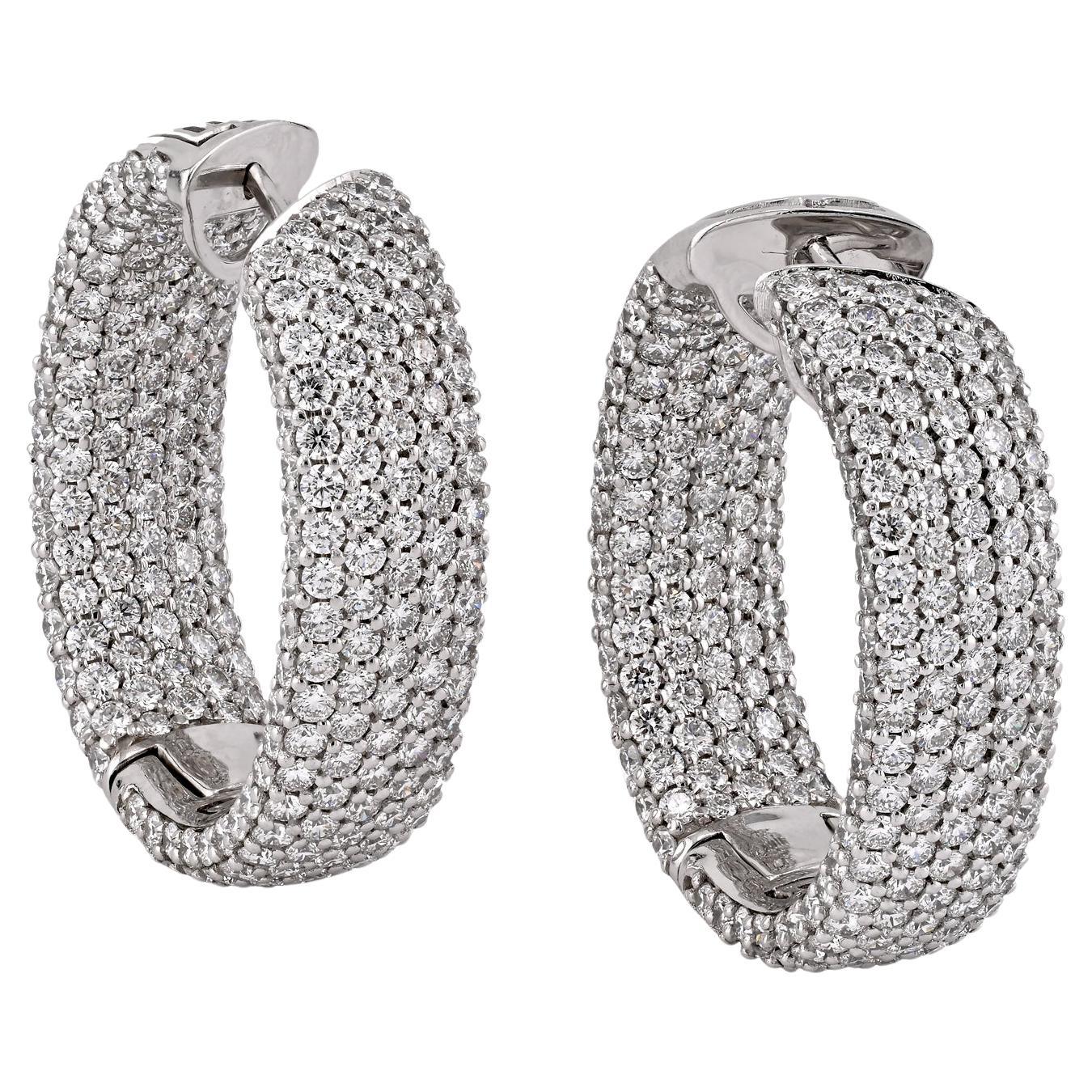 Pave Diamond Hoop Earrings in 18K White Gold For Sale