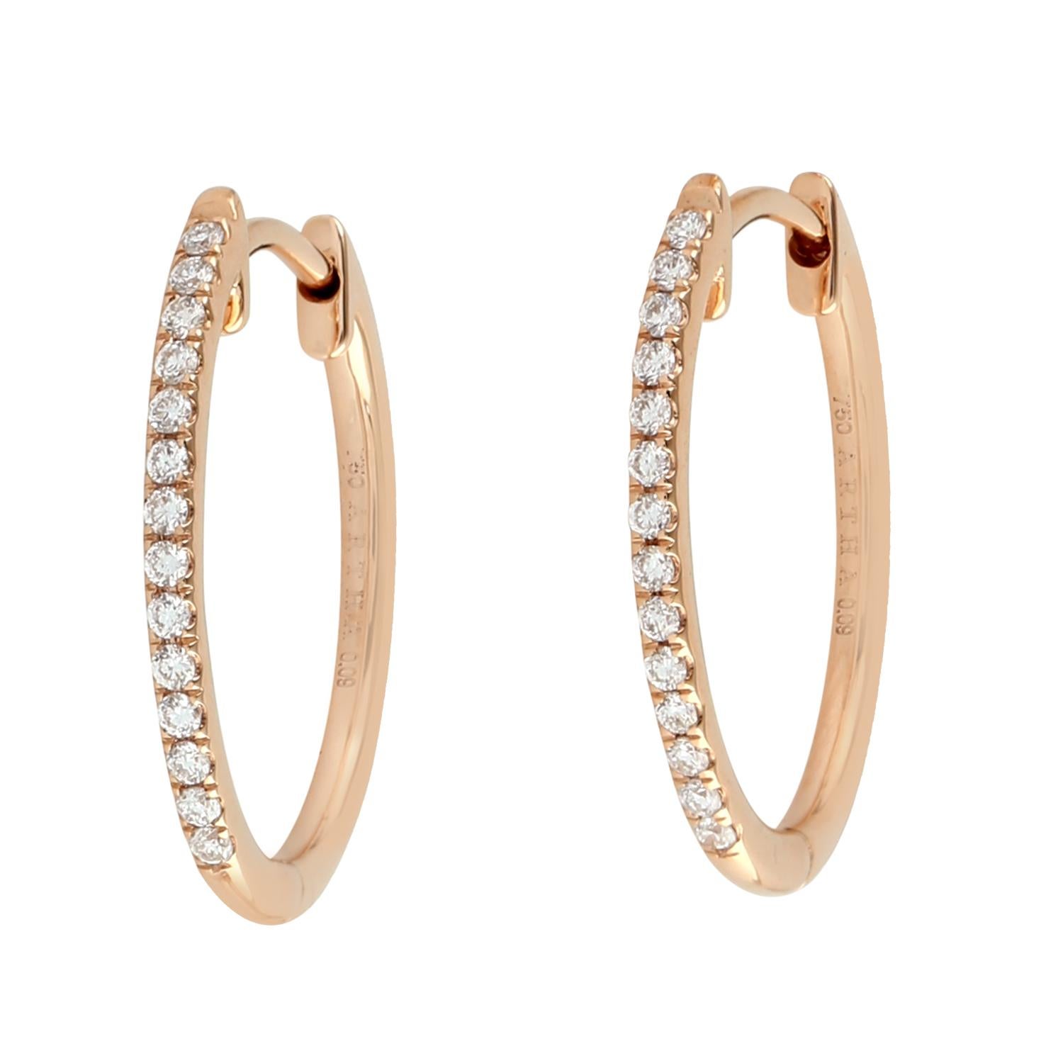 Pave Diamond Hoop Earrings Made In 18k Rose Gold In New Condition In New York, NY