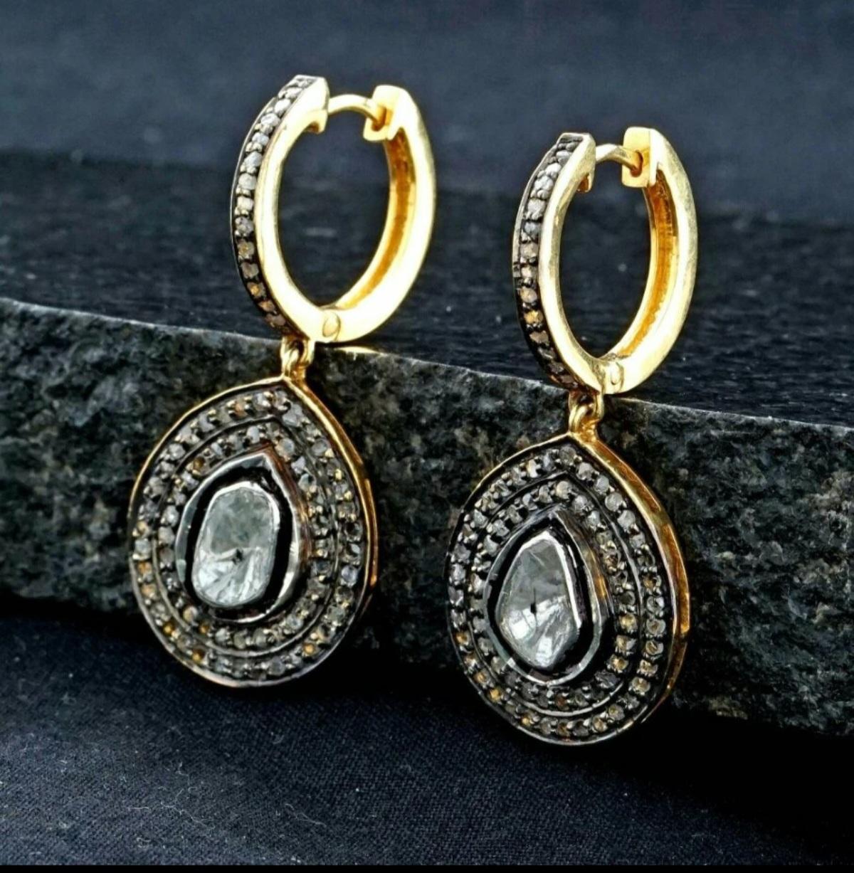 Art Deco Pave Diamond Hoop Earrings Victorian Style Drop Earring 925 Silver Valentines. For Sale