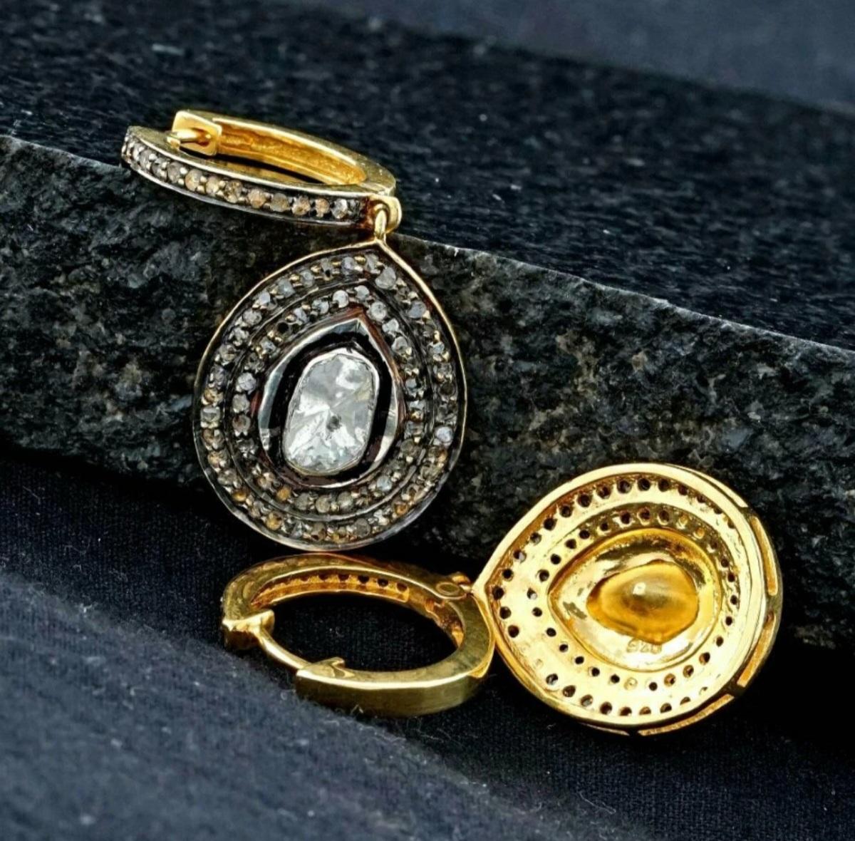 Pave Diamond Hoop Earrings Victorian Style Drop Earring 925 Silver Valentines. For Sale 2
