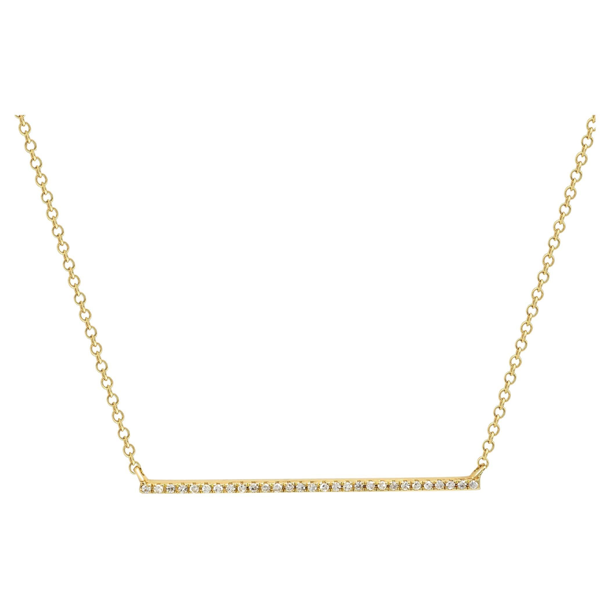 Pave Diamond Horizontal Bar Pendant Necklace 14K Yellow Gold 0.08cttw For Sale