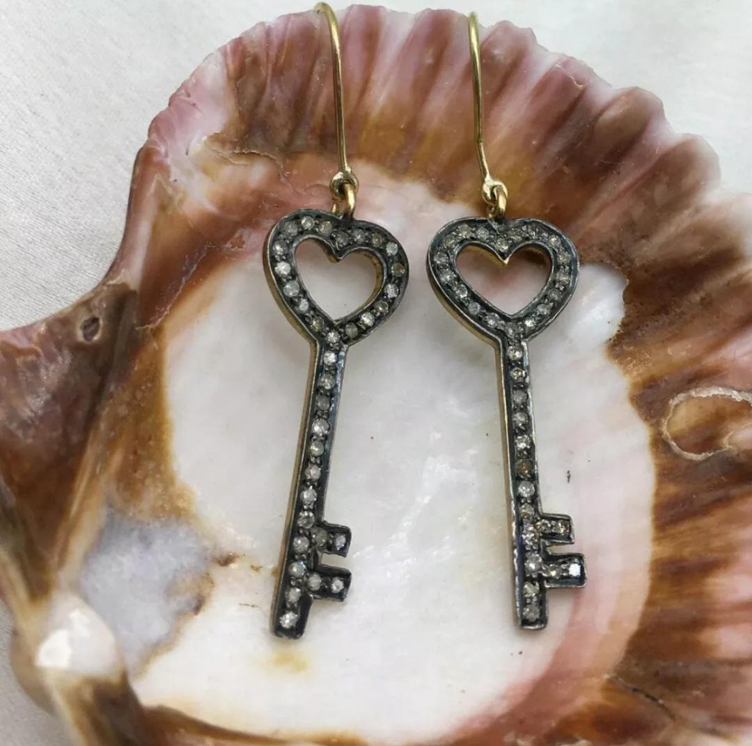Round Cut Pave Diamond Key Earrings 14k Gold&925 Silver Earring For Birthdays For Sale