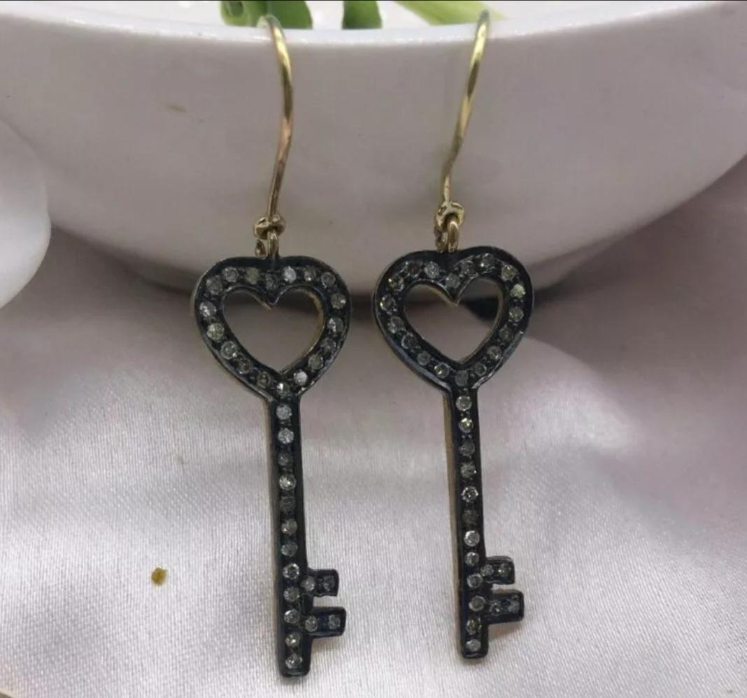 Pave Diamond Key Earrings 14k Gold&925 Silver Earring For Birthdays In New Condition For Sale In Chicago, IL