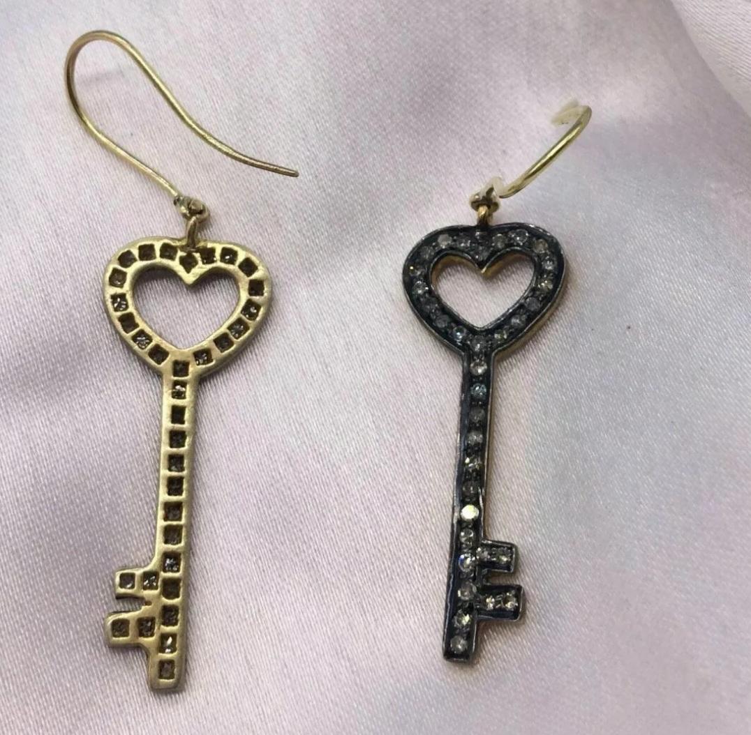 Women's Pave Diamond Key Earrings 14k Gold&925 Silver Earring For Birthdays For Sale