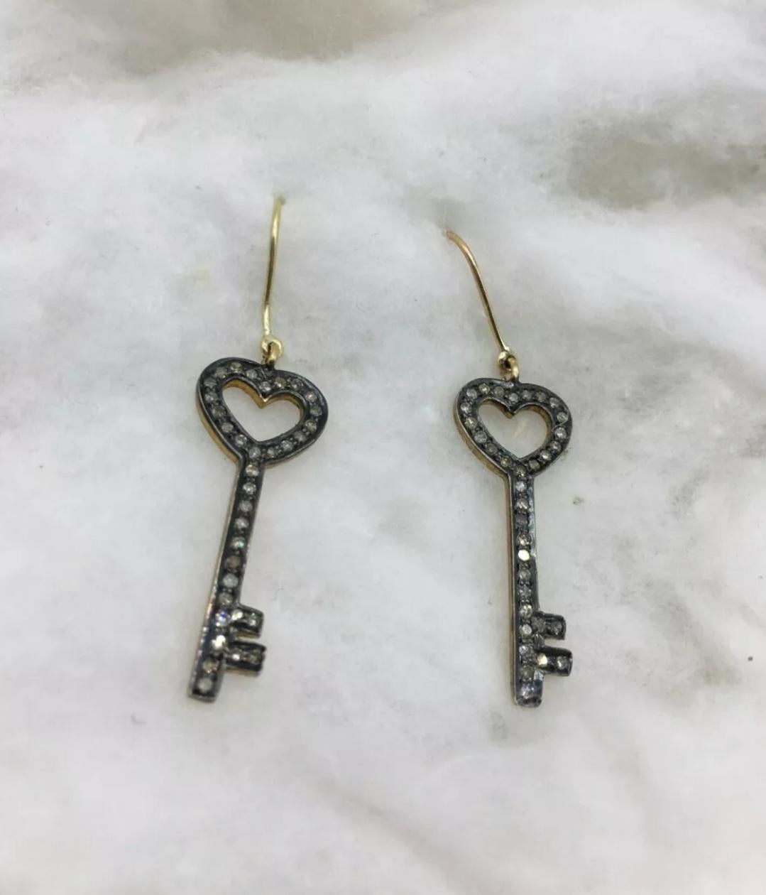 Pave Diamond Key Earrings 14k Gold&925 Silver Earring For Birthdays For Sale 1