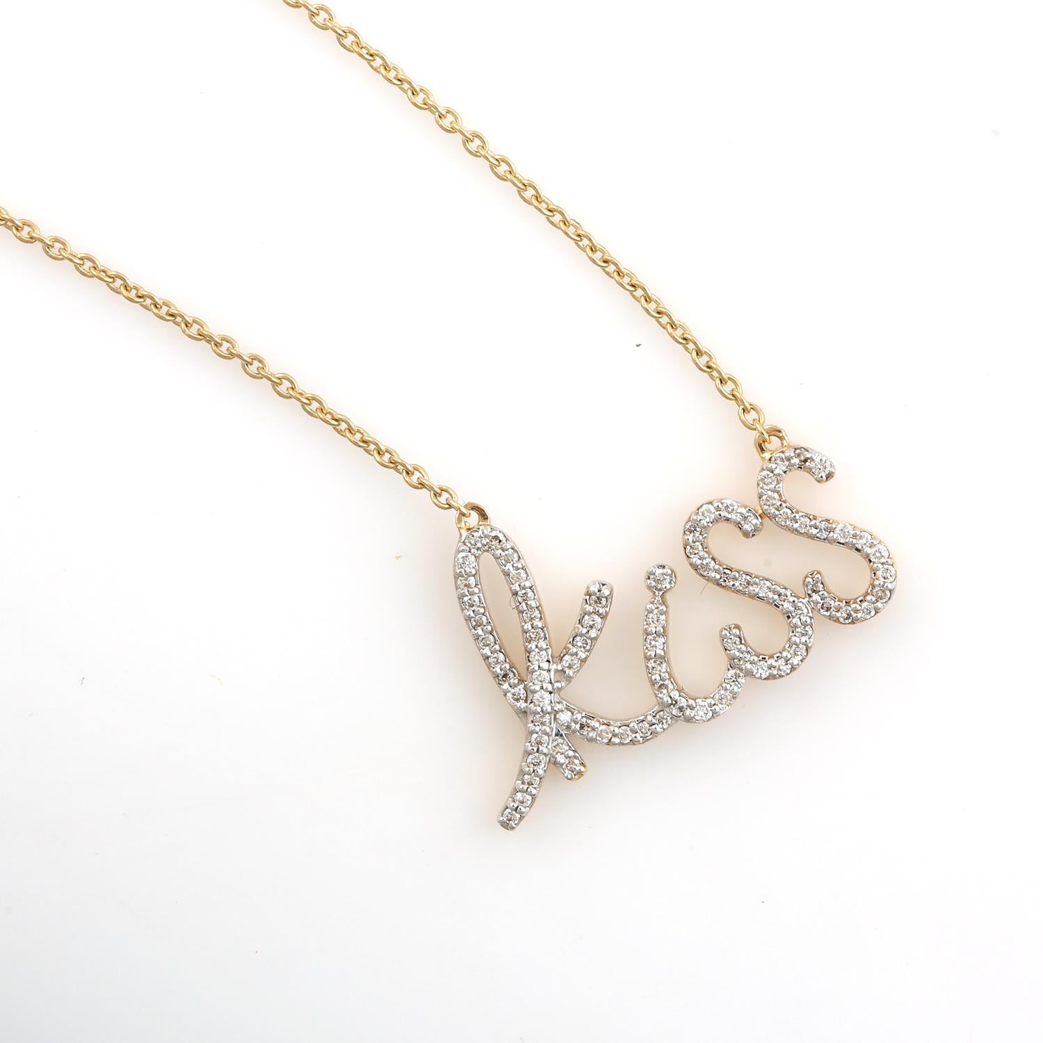 Artisan Pave Diamond KISS Pendant Chain Necklace Made In 14k Yellow Gold For Sale