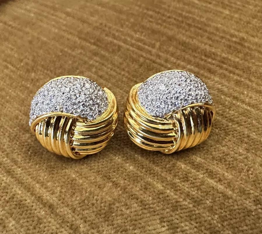Round Cut Pavé Diamond Knot Button Earrings 2.00 carat total weight in 18k Yellow Gold  For Sale