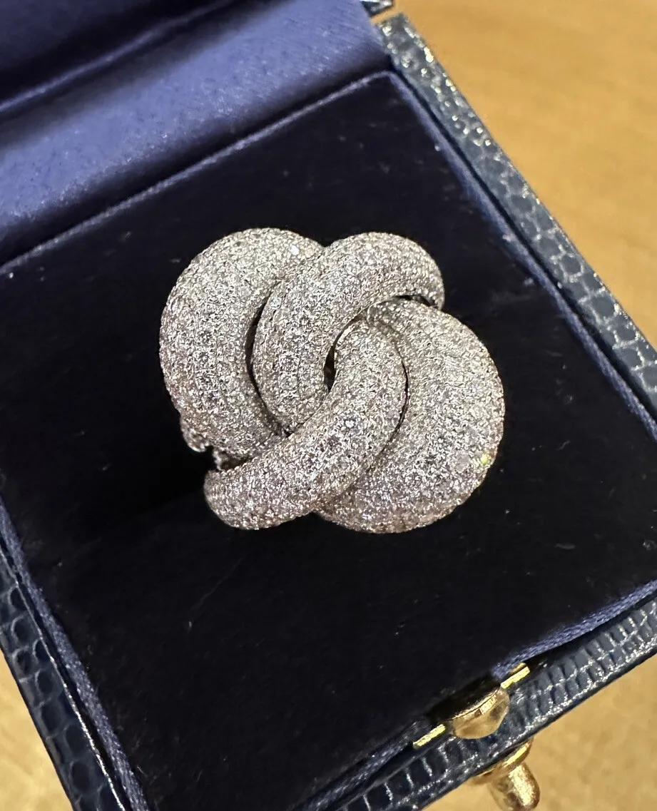 Round Cut Pavé Diamond Knot Cocktail Ring in 18k White Gold