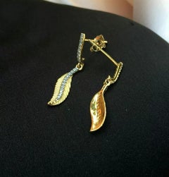 Pave Diamond Leaf Earring 14k Gold Dainty Earring Minimalist