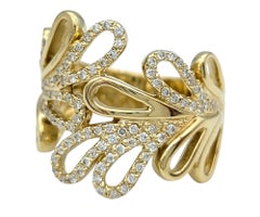 Pavé Diamond Leaf Motif Wide Bypass Band Ring in Polished 14 Karat Yellow Gold