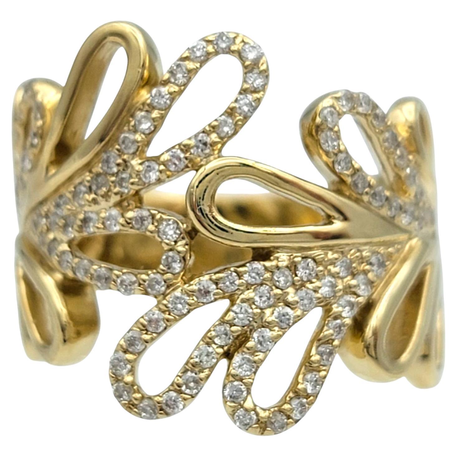 Pavé Diamond Leaf Motif Wide Bypass Band Ring in Polished 14 Karat Yellow Gold
