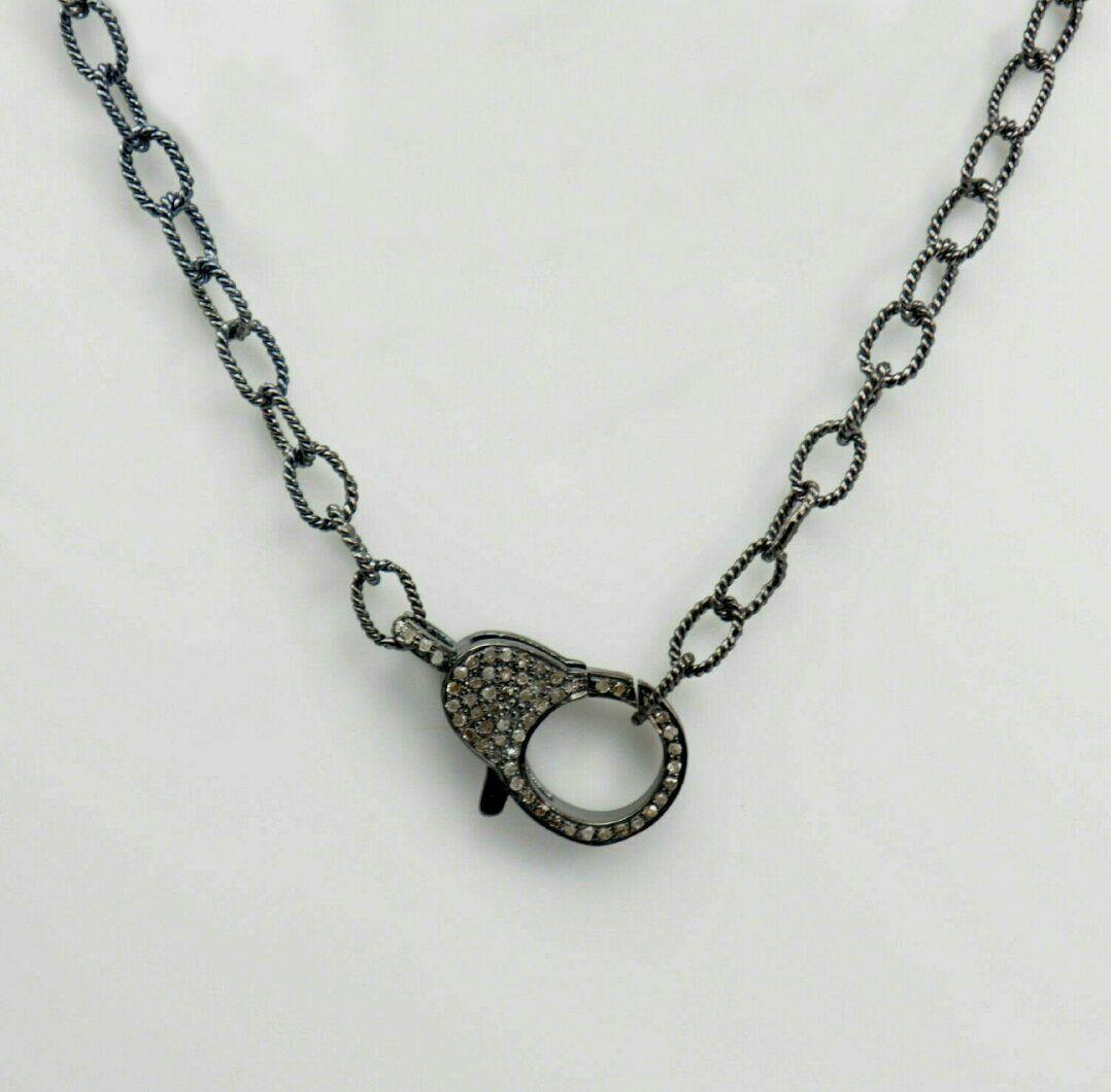 Pave Diamant Karabinerhaken Halskette 925 Silber Diamant Verschluss (Alteuropäischer Schliff) im Angebot