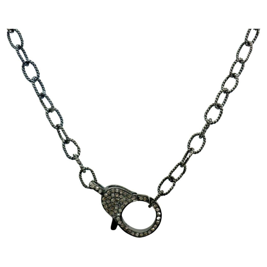 Pave Diamant Karabinerhaken Halskette 925 Silber Diamant Verschluss im Angebot