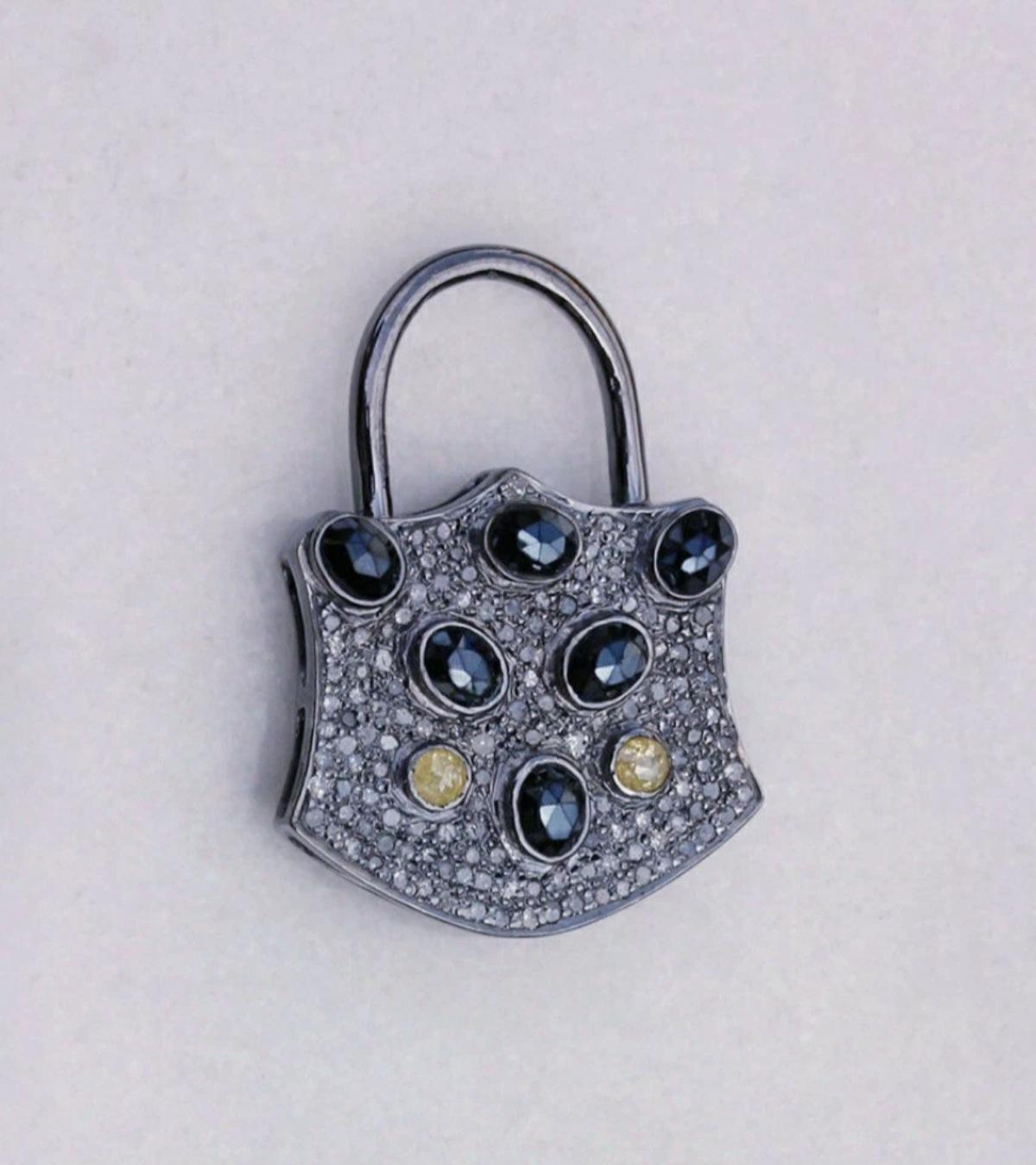 Art Deco Pave Diamond Lock Pendant 925 Sterling Silver Pendant For Men Women Unisex. For Sale