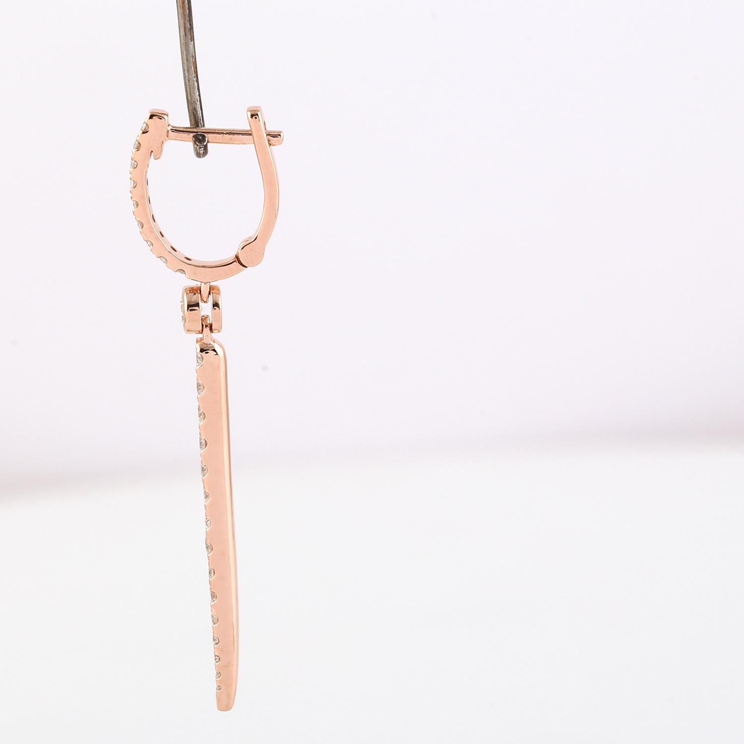 Contemporary Pave Diamond Long Dagger Dangle Earrings made In 14K Rose Gold For Sale