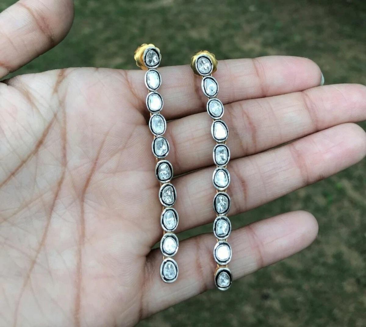 Round Cut Pave Diamond Long Earring 925 Silver Polki Diamond Anniversary Earring Gift. For Sale