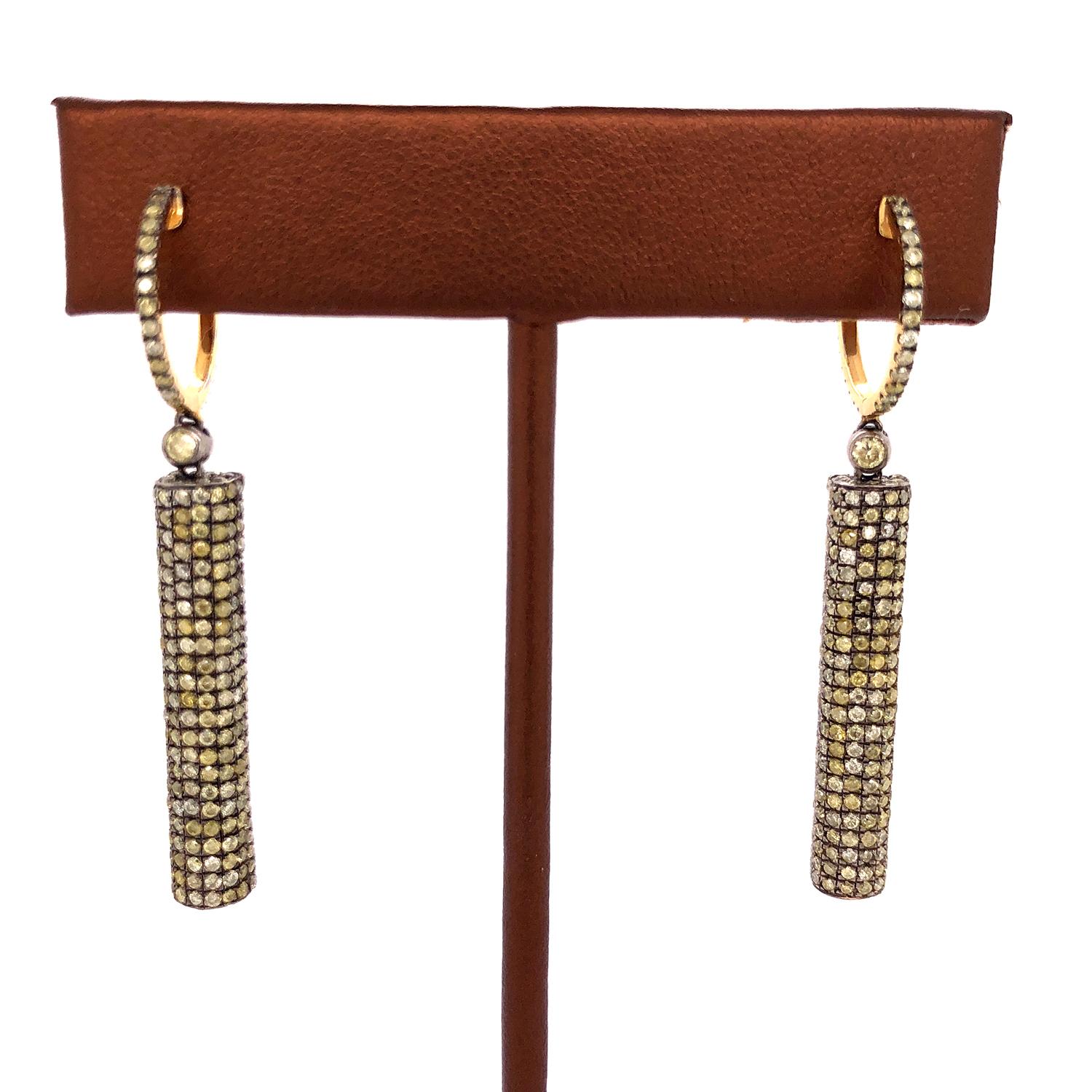 Artisan Pave Diamond Long Earrings Made in 18k Yellow Gold & Silver For Sale
