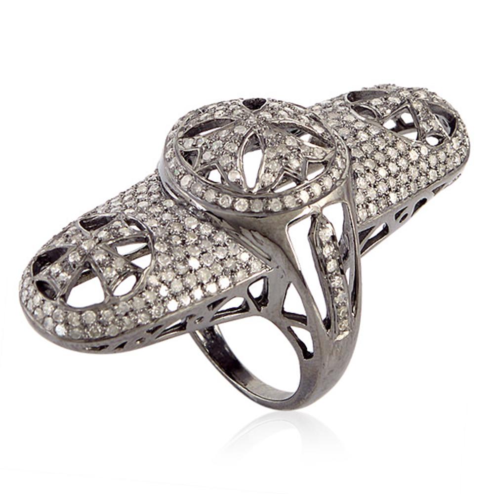 Artisan Pave Diamond Long Knuckle Ring Made In Silver For Sale