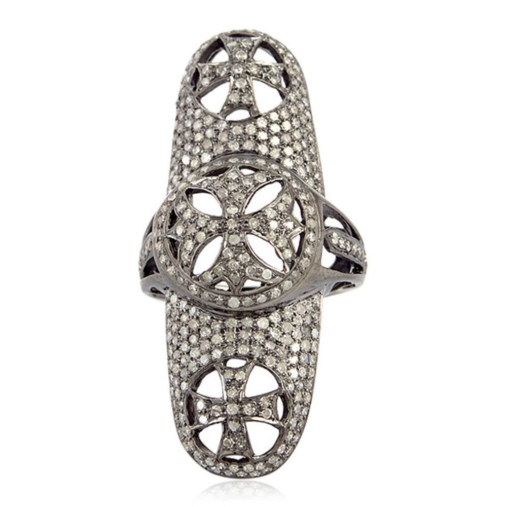 Mixed Cut Pave Diamond Long Knuckle Ring Made In Silver For Sale