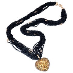 Pave Diamond Mandarin Garnet Heart Necklace Sterling 18 Karat Gold Iron Chain