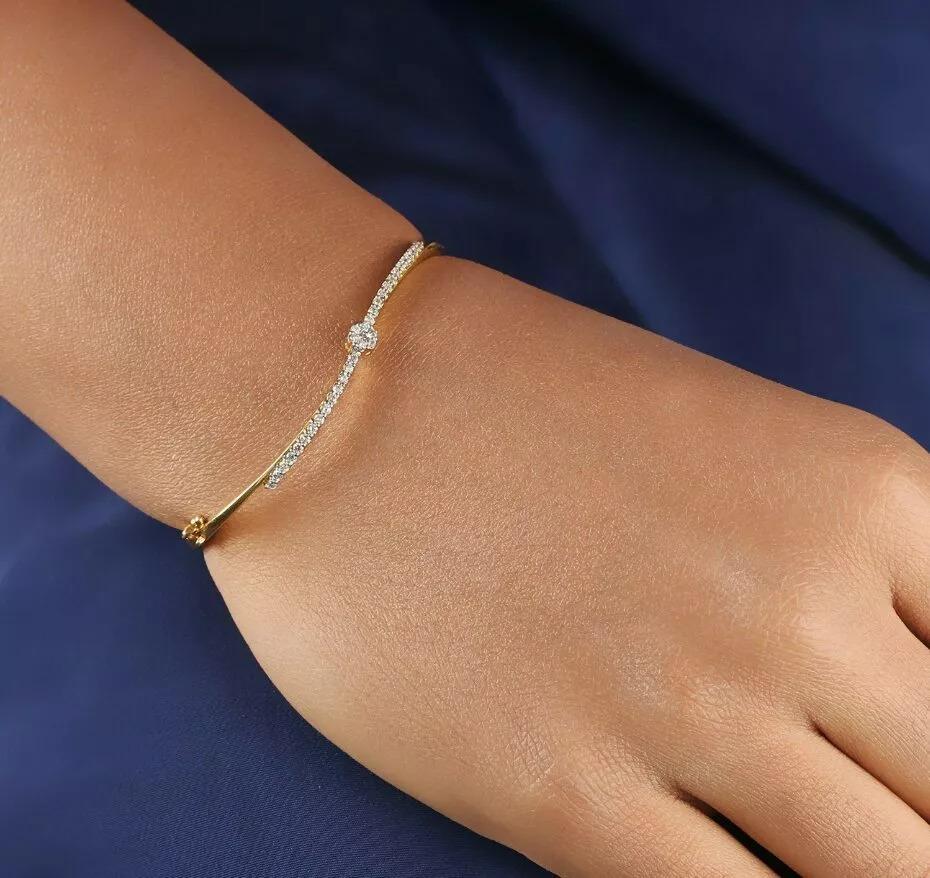 Round Cut Pave Diamond Minimalist Floral Bangle in 14k Yellow Gold For Sale