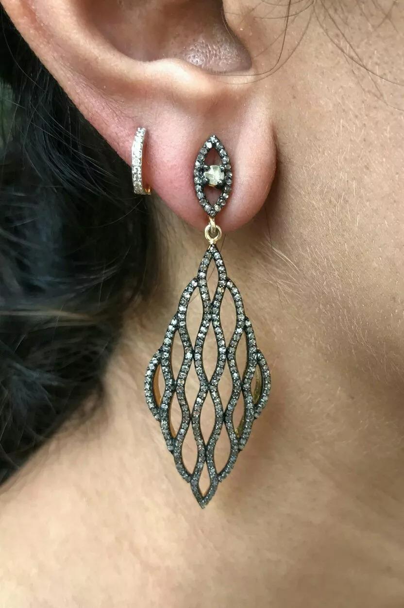 Round Cut Pave Diamond Modern Earring in14k Gold & 925 Silver For Sale