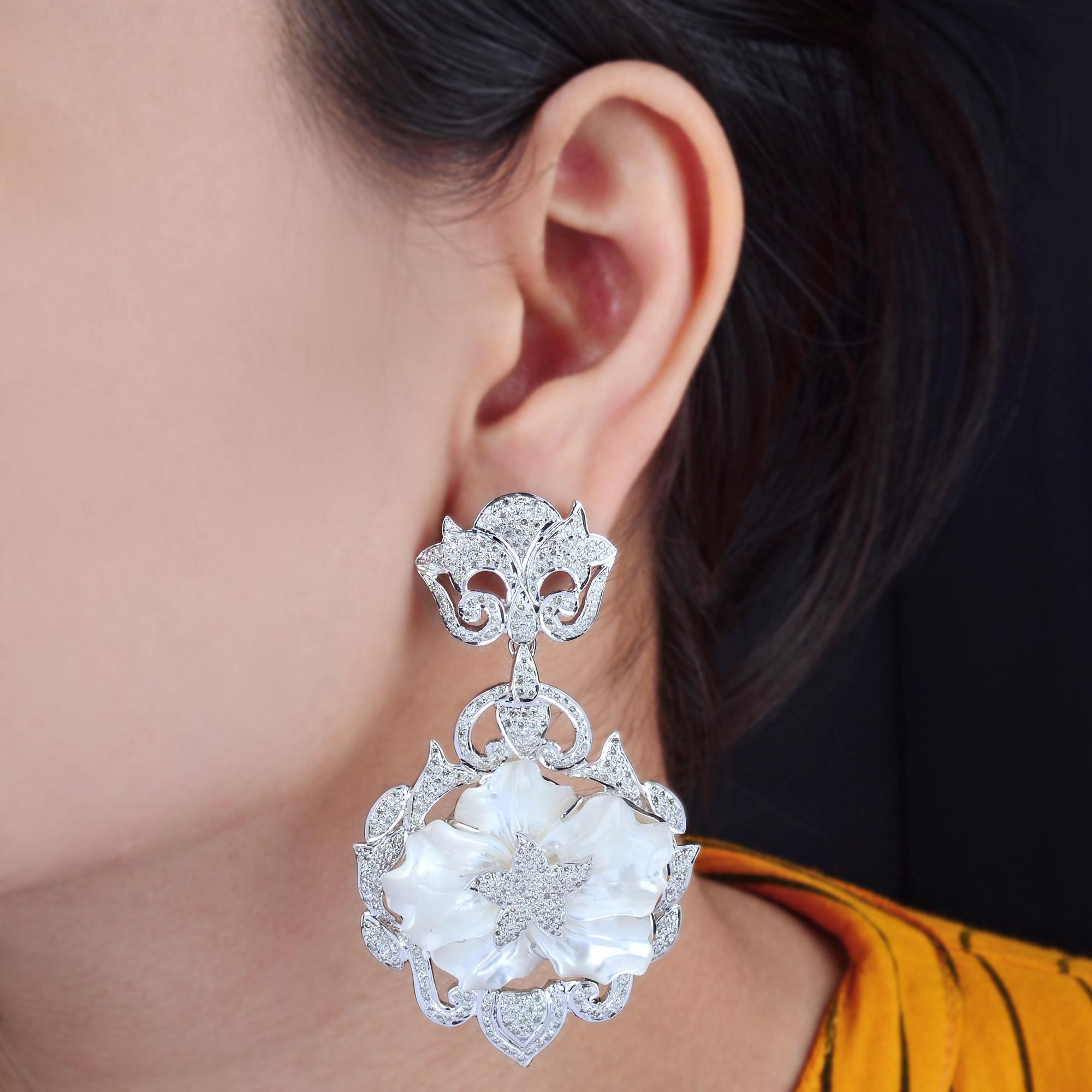 Modern Pave Diamond Mother of Pearl Gemstone Earrings Silver Gold Handmade Fine Jewelry